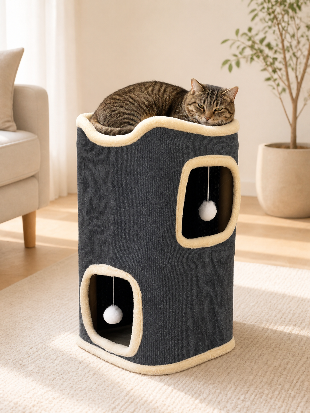 Katt som hviler i toppsengen på Mimsy Miko kloretønne 60 cm