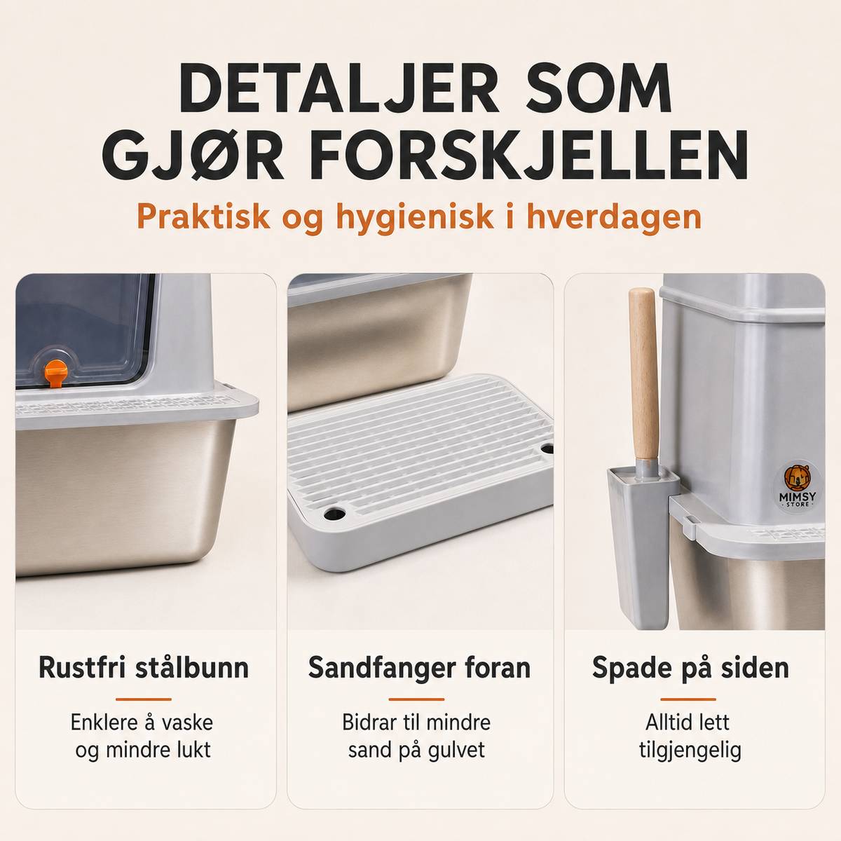 Detaljer på Mimsy-kattedo med rustfri stålbunn, sandfanger og spade