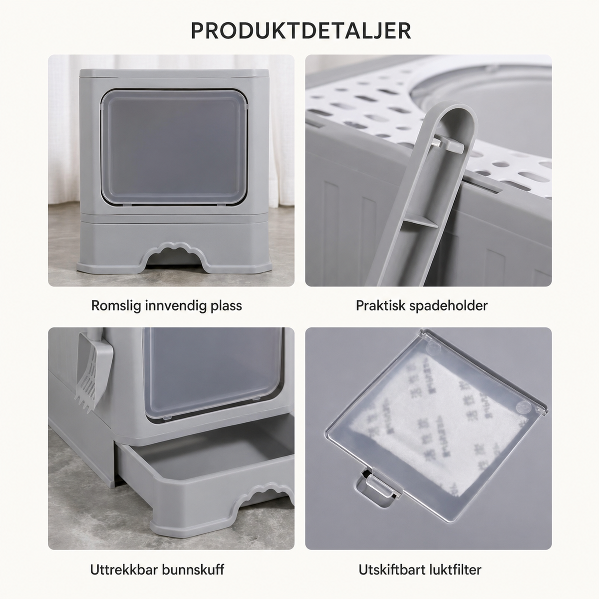 Produktdetaljer på grå kattedo med skuff, toppåpning og spade
