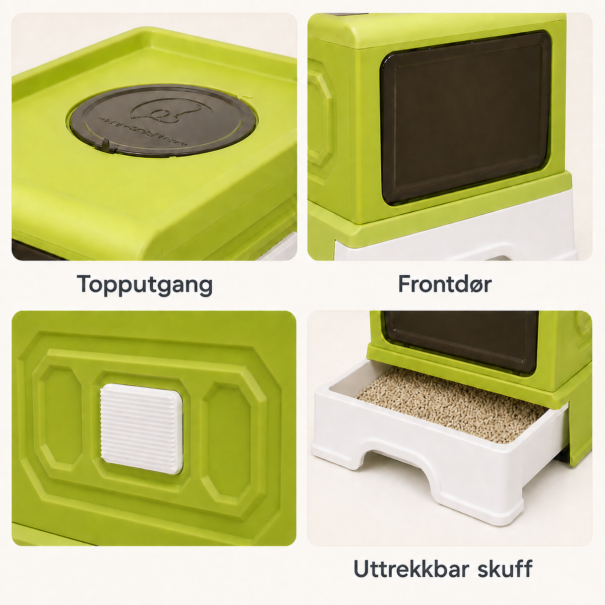 Detaljer på grønn kattedo med topputgang, frontdør og bunnskuff