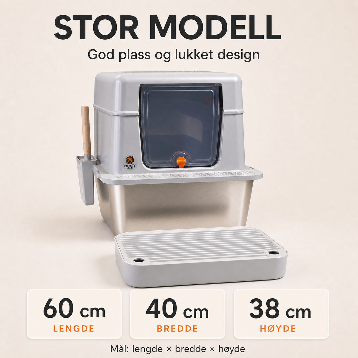 Mål på stor Mimsy-kattedo: 60 cm lang, 40 cm bred og 38 cm høy