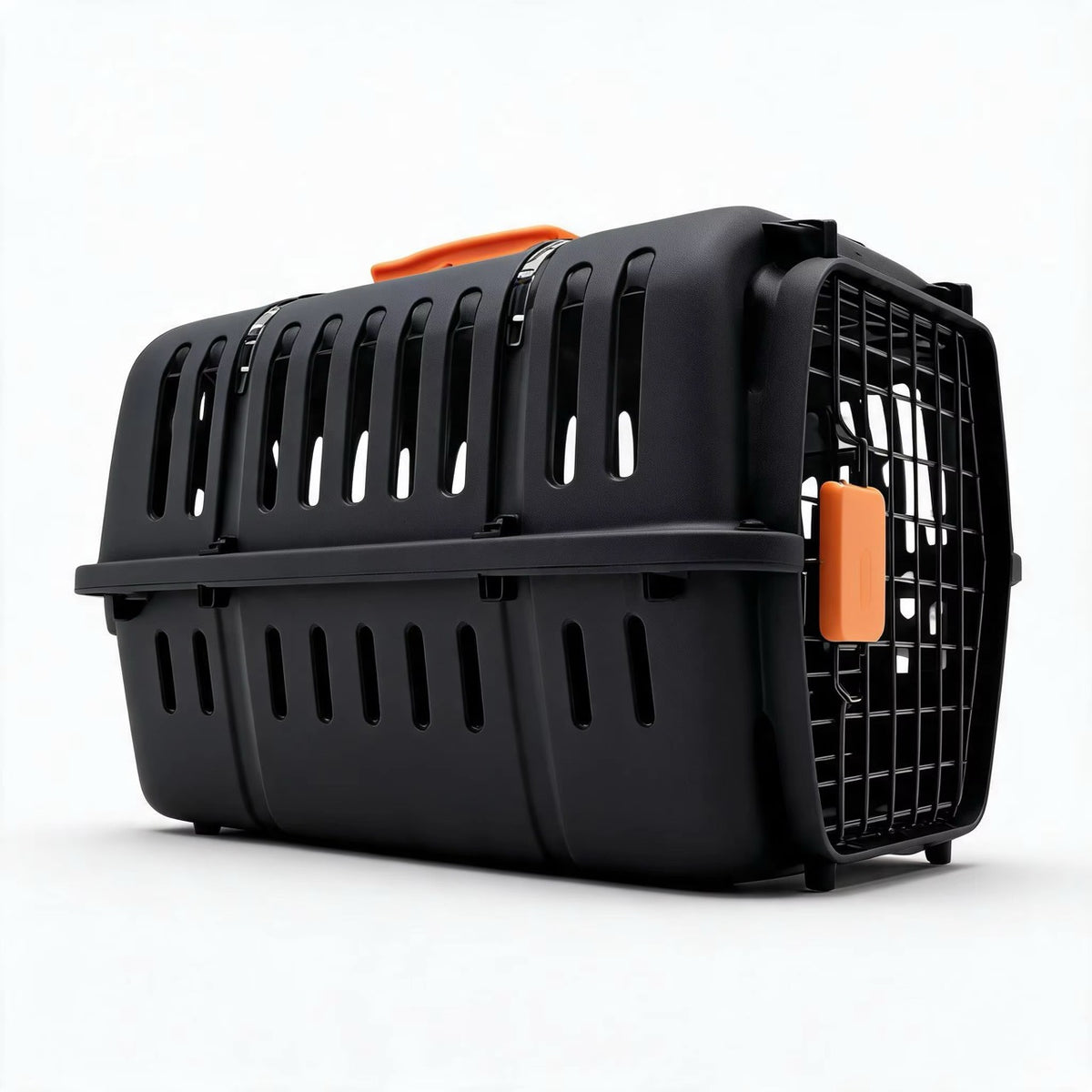 Svart transportbur 50 cm med ventilasjon og metallfront sett fra siden