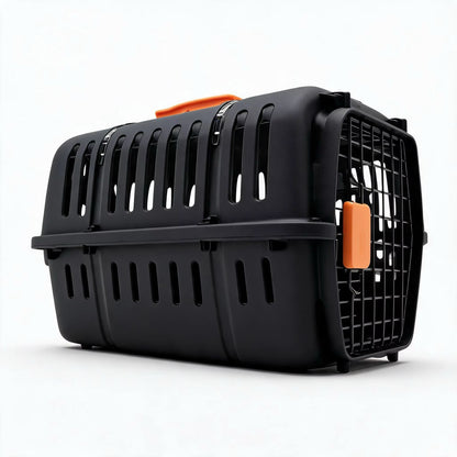 Svart transportbur 50 cm med ventilasjon og metallfront sett fra siden