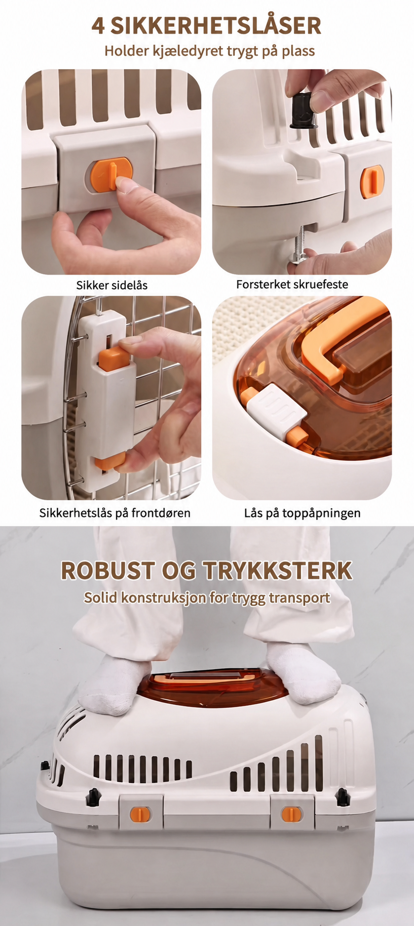 Transportbur for katt og smådyr med fire sikkerhetslåser og toppåpning