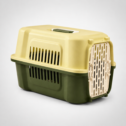Transportbur for katt 48 cm i skogsgrønn og beige på hvit bakgrunn