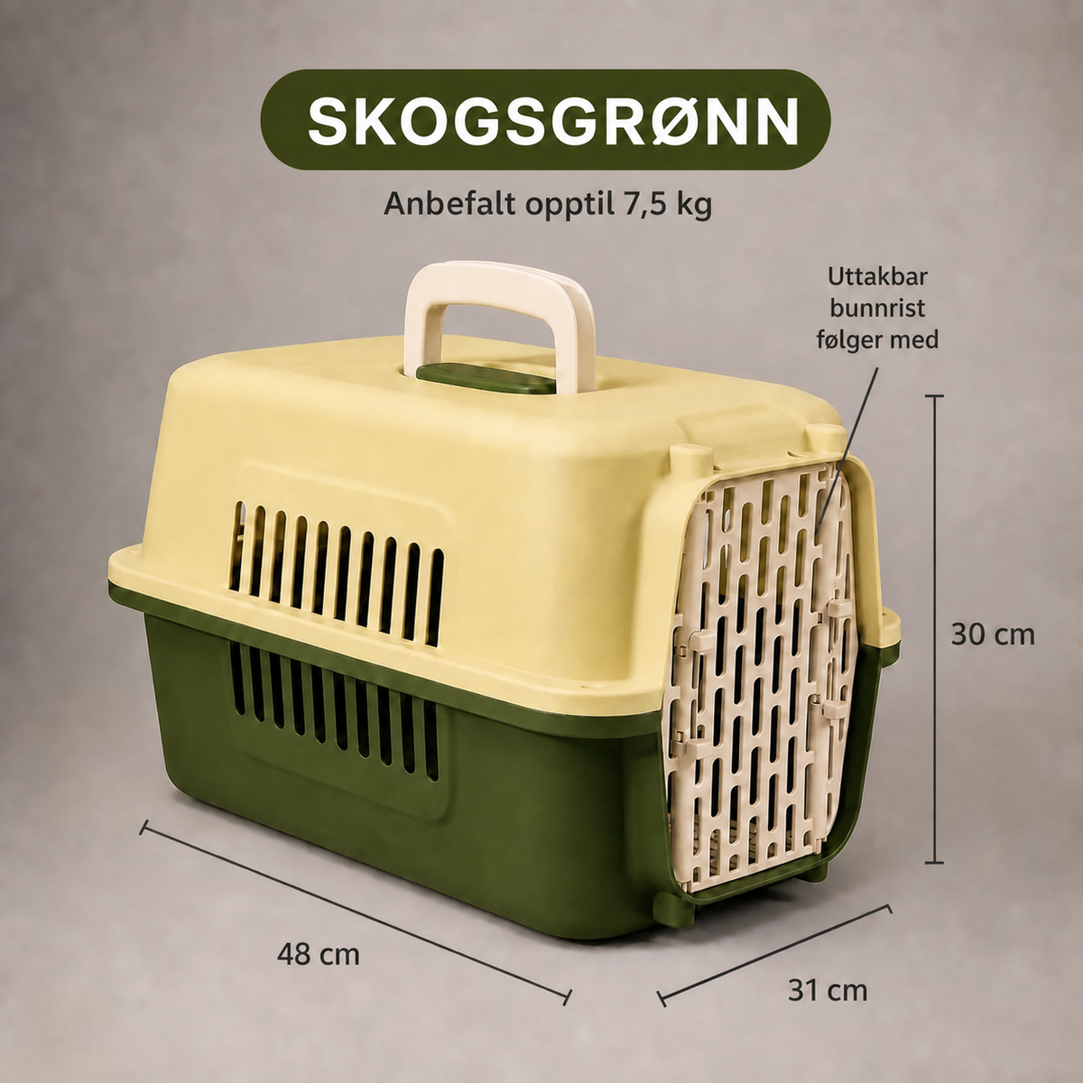 Skogsgrønt transportbur for katt med mål 48 x 31 x 30 cm og uttakbar bunnrist