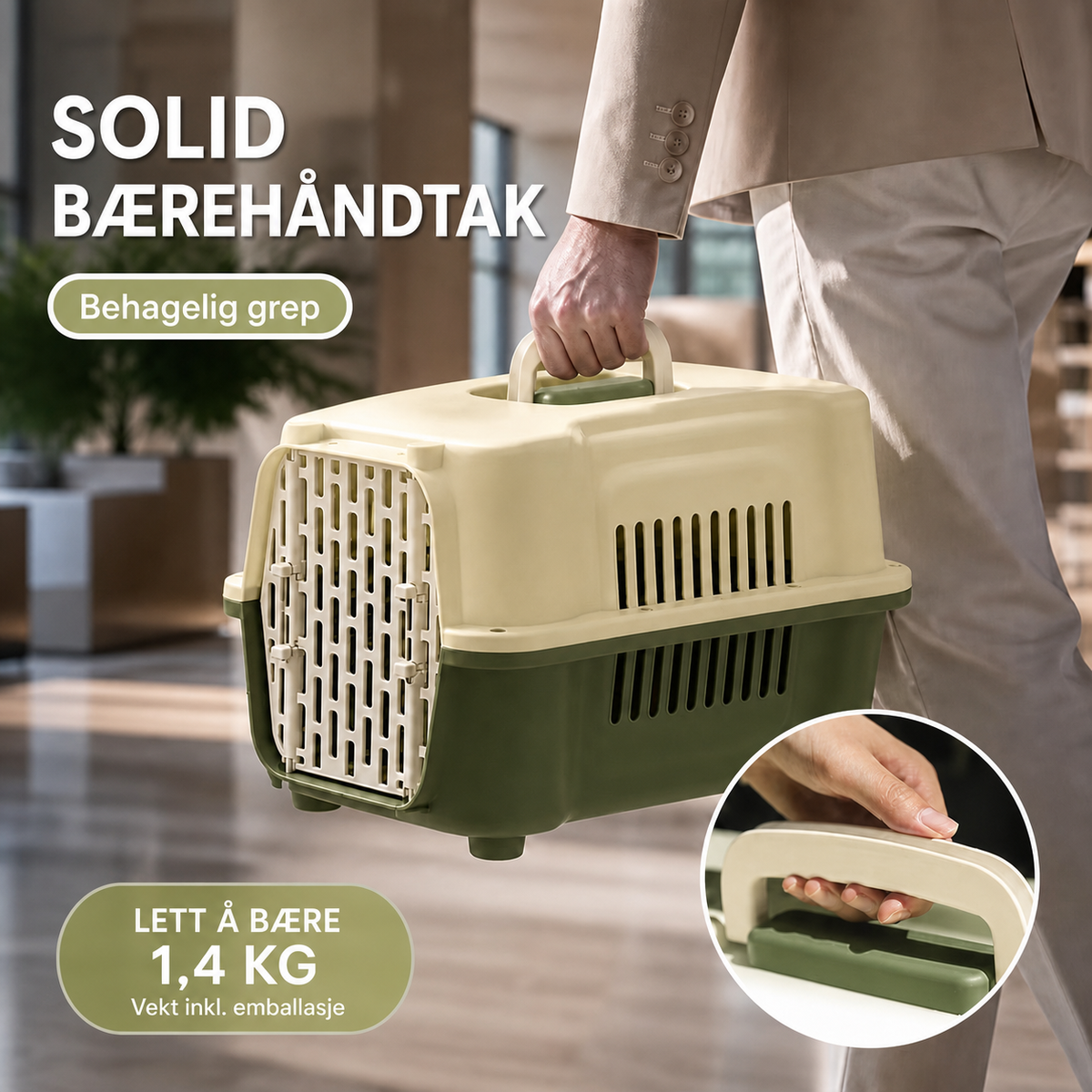 Transportbur for katt med solid bærehåndtak og vekt på 1,4 kg